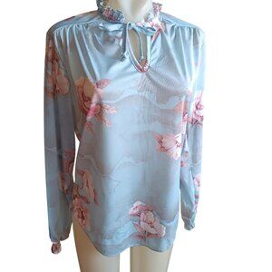 Small Vintage 1970's Floral Long Sleeve Blouse Ruffled Neckline & Tie Stretch